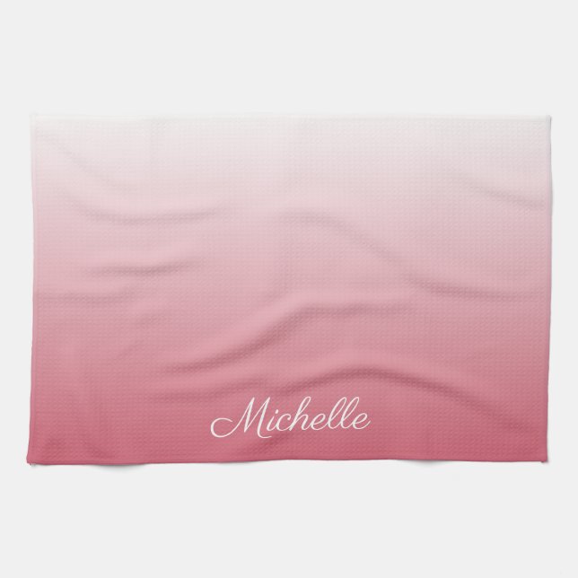 Personalized gradient ombre salmon pink kitchen towel (Horizontal)