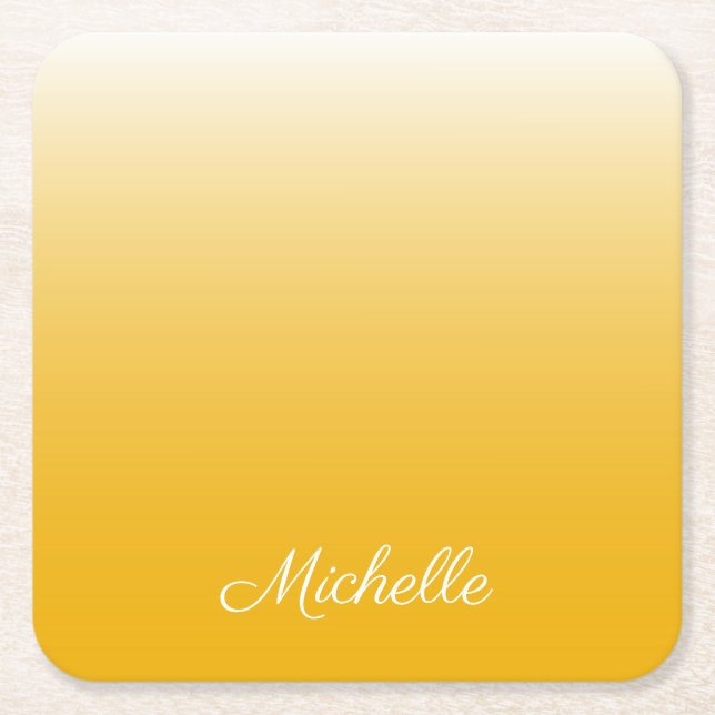 Personalized gradient ombre yellow square paper coaster (Front)