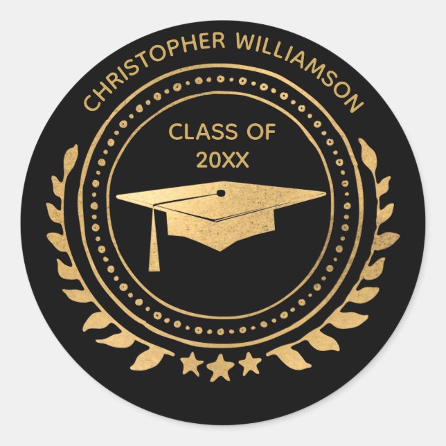 Personalized Graduate Black Gold Classic Monogram Round Sticker (Front)