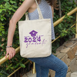 Personalized Graduate Class of 2024 Purple Tote Bag<br><div class="desc">Graduate Class of 2024 quote features a cap with tassel,  modern topography and calligraphy script,  accented with florals and hearts.  Easily personalize with your name of choice and monogram on back.  Great gift idea for that special grad.  (School Colour: Purple)</div>