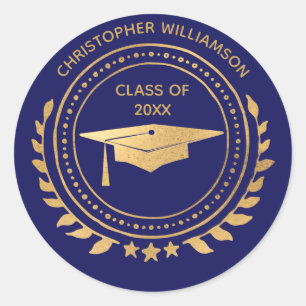 Personalized Graduate Gold Blue Monogram Classic Round Sticker