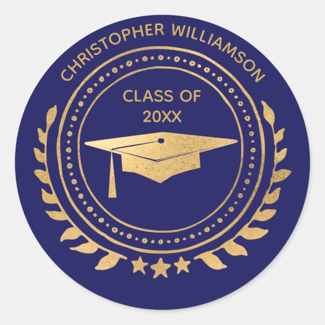 Personalized Graduate Gold Blue Monogram Classic Round Sticker (Front)