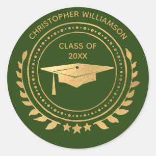 Personalized Graduate Green Gold Classic Monogram Round Sticker