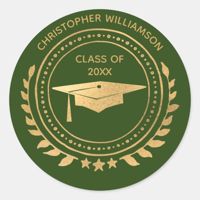Personalized Graduate Green Gold Classic Monogram Round Sticker (Front)