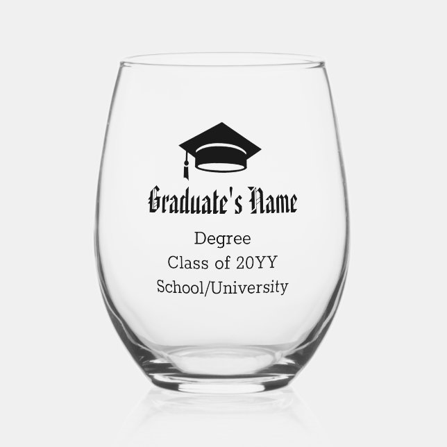 Personalized Graduate Name Cap Tassel Class Black Stemless Wine Glass (Front)