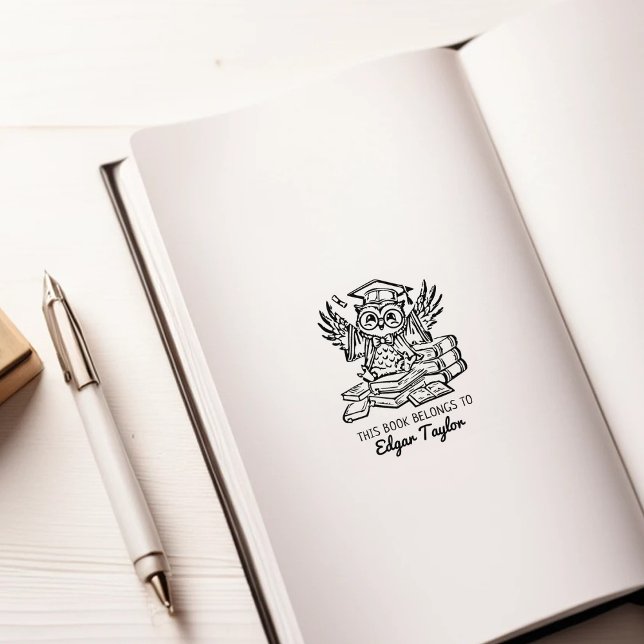 Personalized Graduate Owl Bookplate Rubber Stamp (Creator Uploaded)