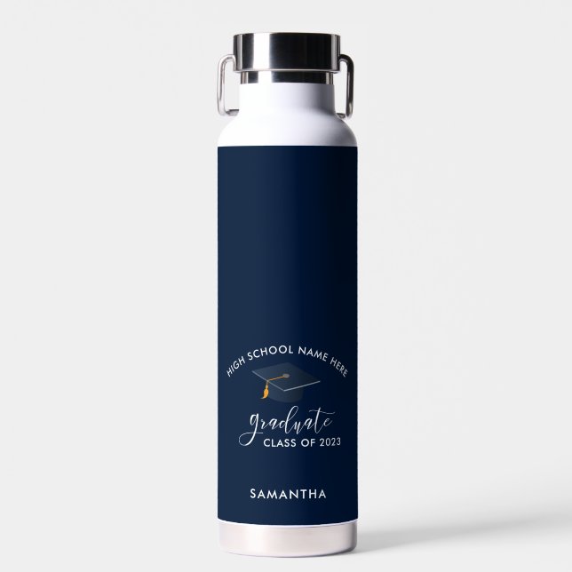Personalized Graduation 2024 Navy Blue High School Water Bottle (Front)