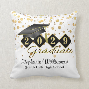 Personalized Graduation Black & Gold Confetti Throw Pillow