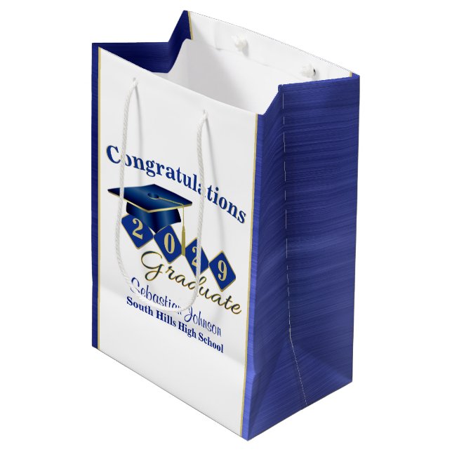Personalized Graduation Blue and Gold Medium Gift Bag (Front Angled)