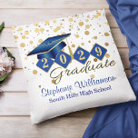 Personalized Graduation Blue & Gold Confetti Throw Pillow<br><div class="desc">Give your grad a special gift with this elegant blue and gold graduation throw pillow with gold confetti, blue cap, and gold graduating year. Add your name and school for a personal touch! Back features blue brushed metal background. Makes a perfect keepsake. Easy to personalize with custom options. Use the...</div>