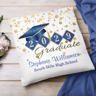 Personalized Graduation Blue & Gold Confetti Throw Pillow