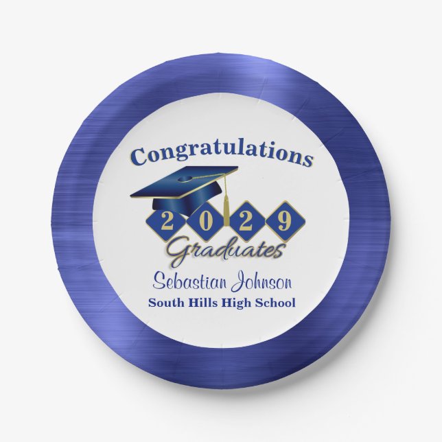 Personalized Graduation Blue & Gold Paper Plate (Front)