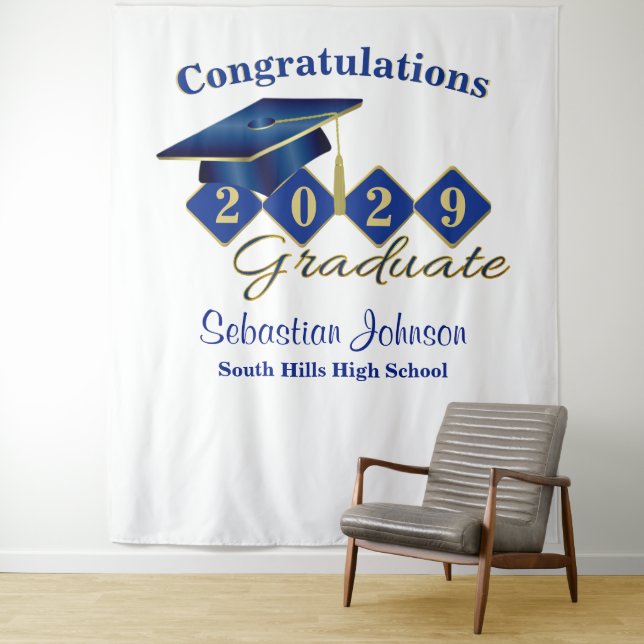 Personalized Graduation Blue & Gold Party Backdrop Tapestry (In Situ)