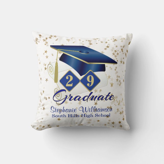 Personalized Graduation Blue & Gold Stars Throw Pillow (Front)