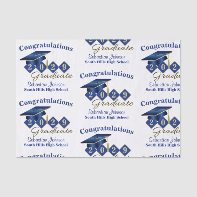 Personalized Graduation Blue & Gold Tissue Paper (Front)