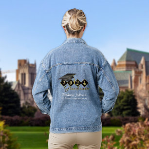 Personalized Graduation Cap Black Gold Denim Jacket