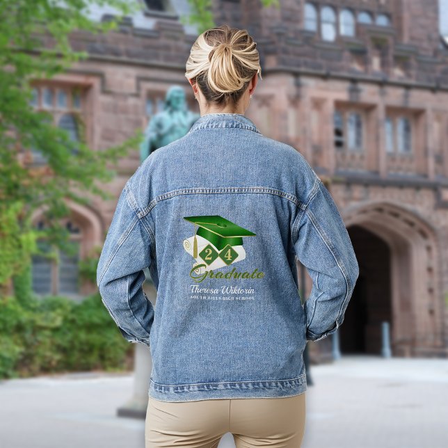 Personalized Graduation Cap Green Gold Denim Jacket (Personalized Graduation Cap Green and Gold Denim Jacket)