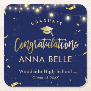 Personalized Graduation Elegant Navy Class of 2021 Square Paper Coaster