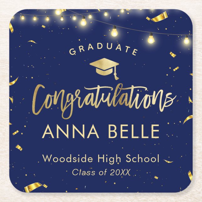 Personalized Graduation Elegant Navy Gold Grad Cap Square Paper Coaster (Front)