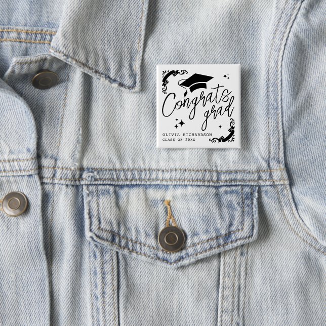 Personalized Graduation Elegant Script Stars & Cap 2 Inch Square Button (In Situ)
