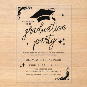 Personalized Graduation Elegant Script Stars & Cap Acrylic Invitations