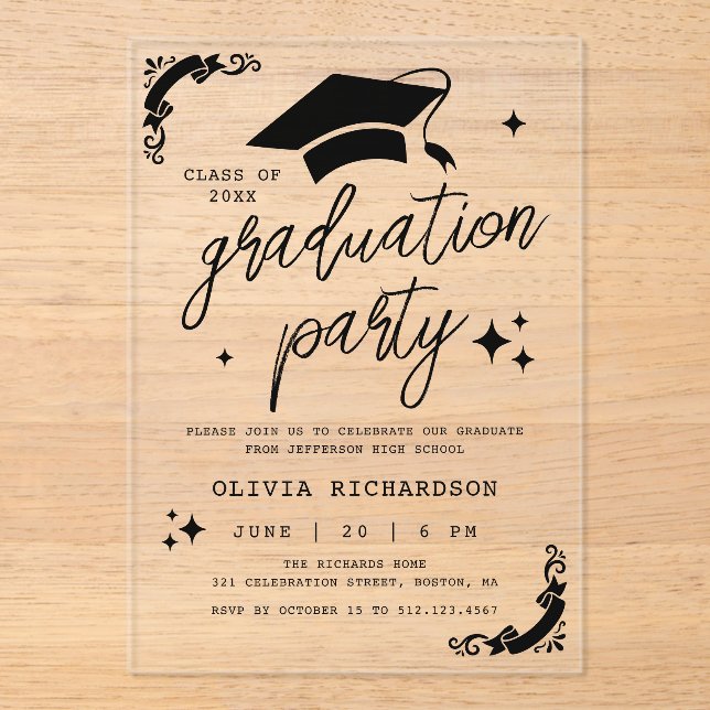 Personalized Graduation Elegant Script Stars & Cap Acrylic Invitations (Front)