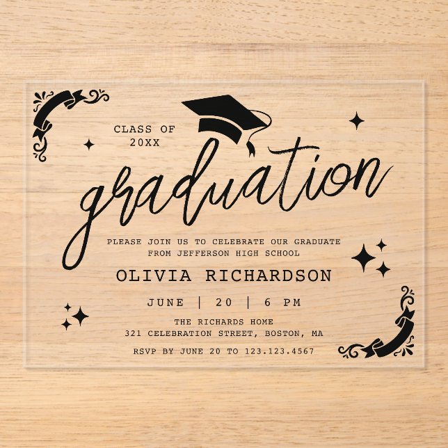 Personalized Graduation Elegant Script Stars & Cap Acrylic Invitations (Front)