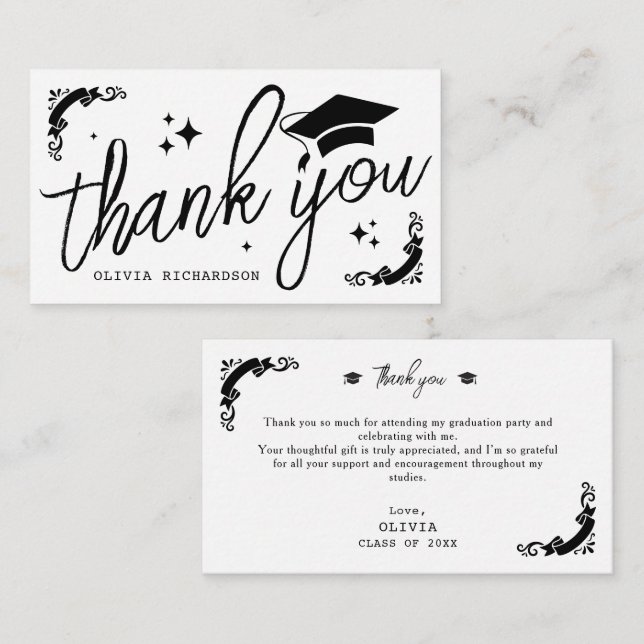 Personalized Graduation Elegant Script Stars & Cap Card (Front/Back)