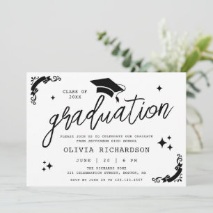 Personalized Graduation Elegant Script Stars & Cap Invitation