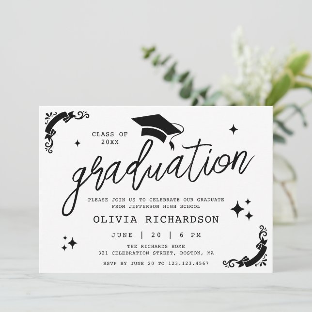 Personalized Graduation Elegant Script Stars & Cap Invitation (Standing Front)