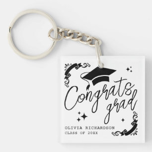 Personalized Graduation Elegant Script Stars & Cap Keychain