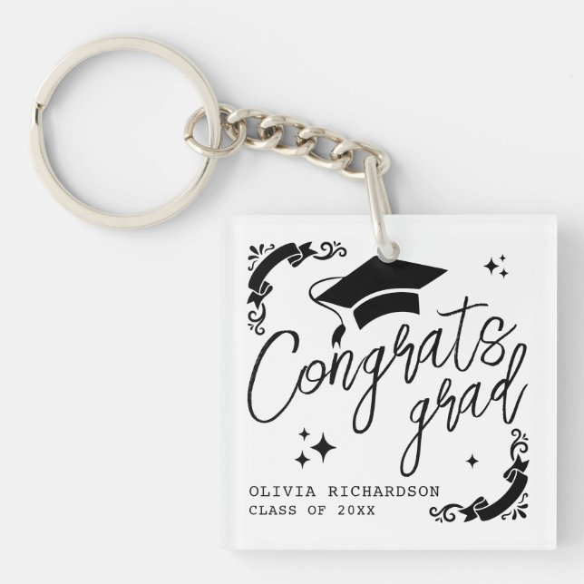Personalized Graduation Elegant Script Stars & Cap Keychain (Front)