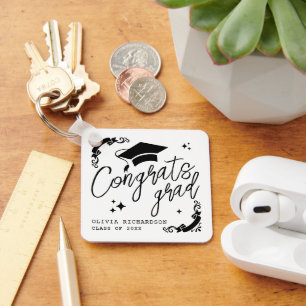 Personalized Graduation Elegant Script Stars & Cap Keychain