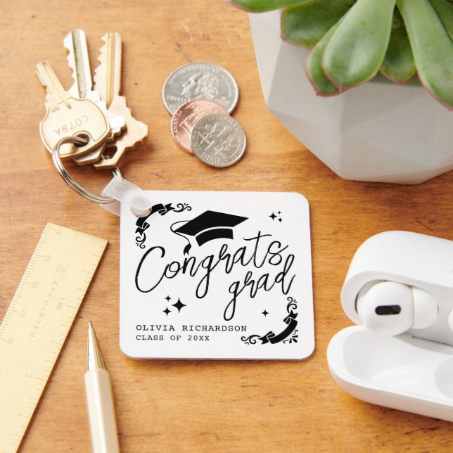 Personalized Graduation Elegant Script Stars & Cap Keychain (Desk)