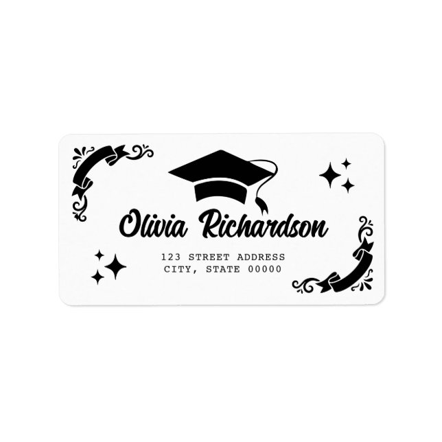 Personalized Graduation Elegant Script Stars & Cap Label (Front)