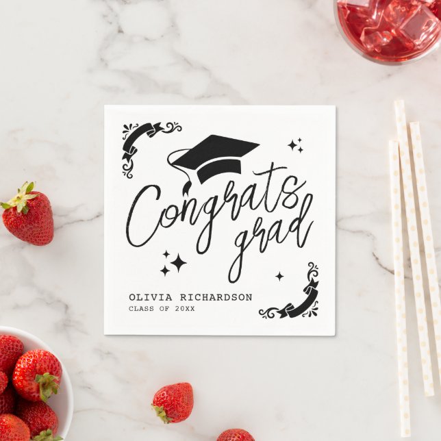 Personalized Graduation Elegant Script Stars & Cap Napkin (Insitu)