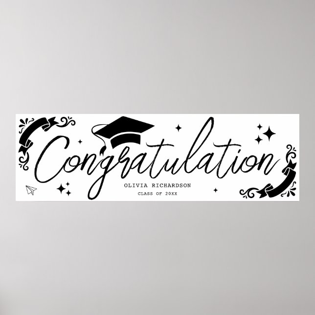 Personalized Graduation Elegant Script Stars & Cap Poster (Front)
