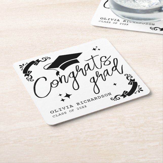 Personalized Graduation Elegant Script Stars & Cap Square Paper Coaster (Angled)