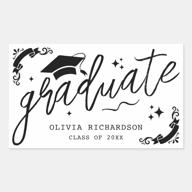 Personalized Graduation Elegant Script Stars & Cap Sticker (Front)