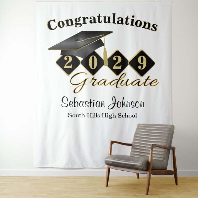 Personalized Graduation Party Black & Gold Tapestry (In Situ)