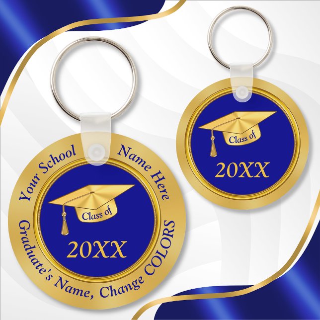 Personalized Graduation Party Favours, Text, Keychain (Blue and Gold Personalized, Cheap Class Reunion Gift Ideas. High School Reunion Favors. 2004, 2014)