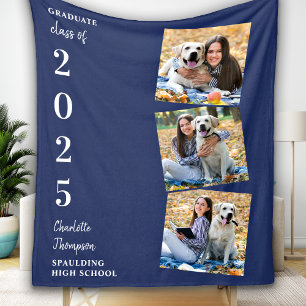 Personalized Graduation Photo Collage Navy Blue  Fleece Blanket