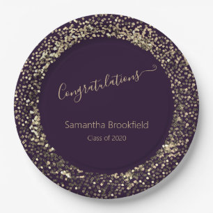 Personalized Graduation Purple Gold Glitter Paper Plate