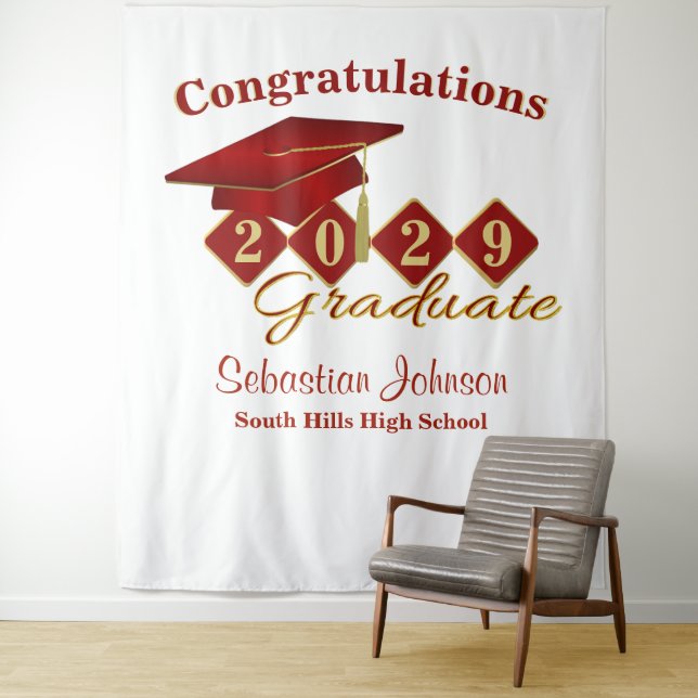 Personalized Graduation Red & Gold Party Backdrop Tapestry (In Situ)