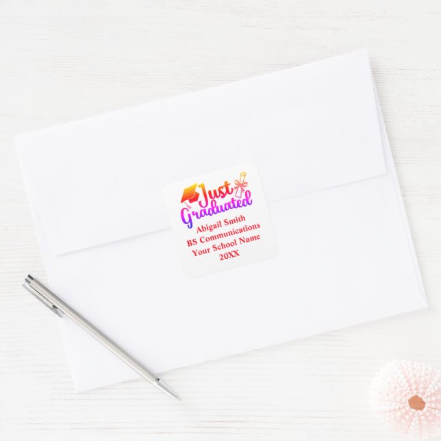 Personalized Graduation Red, Orange Purple  Square Sticker (Envelope)