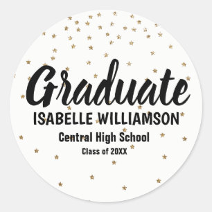 Personalized Graduation Sticker,  Tiny Gold Stars Classic Round Sticker