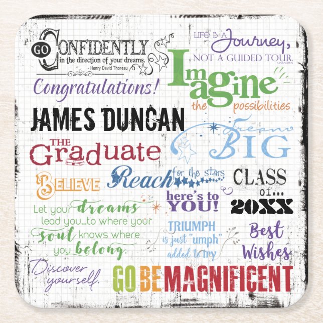 Personalized Graduation Word Art Square Paper Coaster (Front)