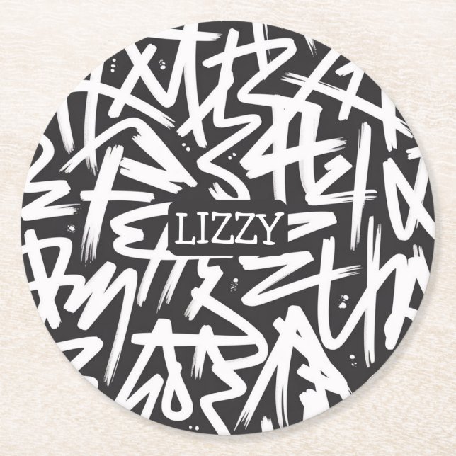 Personalized Graffiti Name Pattern — Custom Urban Round Paper Coaster (Front)