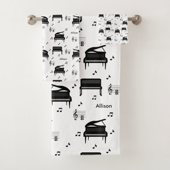 Personalized Grand Piano and Music Notes Pattern Bath Towel Set (Insitu)