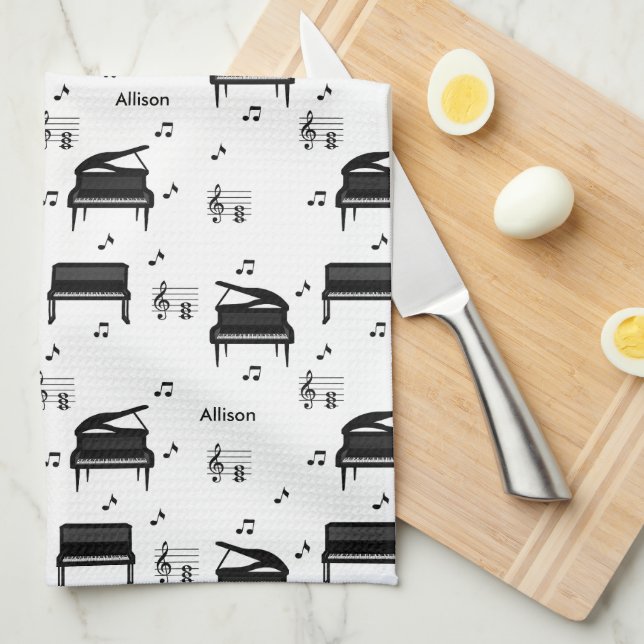 Personalized Grand Piano and Music Notes Pattern Kitchen Towel (Quarter Fold)